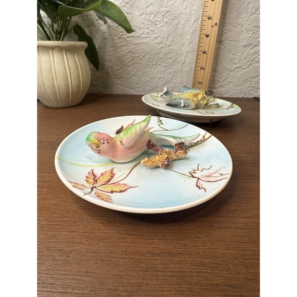 2 Lefton's Parakeet Bird 3D Plate Plaque Wall Art Japan 171 Tropical Vtg - Picture 8 of 9